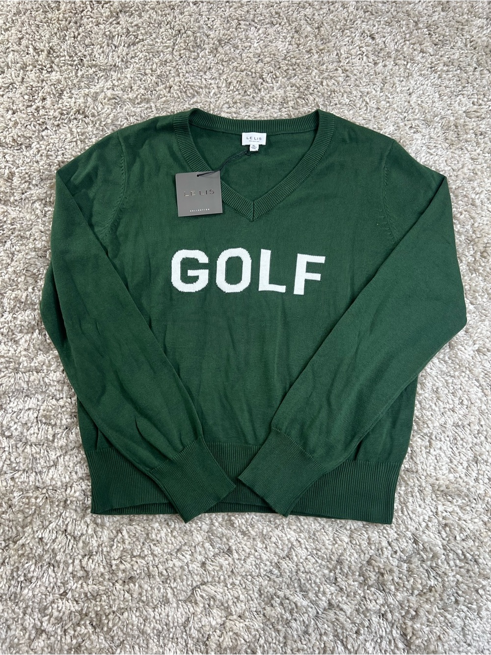Le Lis Dark Green V-Neck Sweater with White GOLF Lettering NWT XL